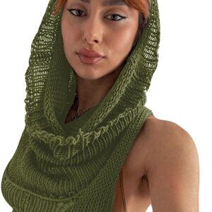 Women Knitted Sleeveless Hoodie Crop Top Streetwear Rave Festival Outfit